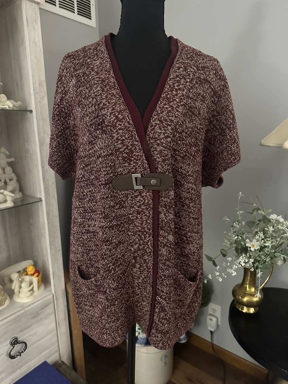 Christopher & Banks Marled Burgundy Short-Sleeve Cardigan with Toggle